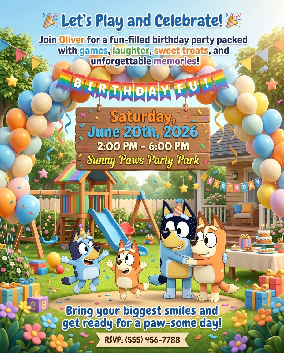 Bluey 🩵Create the perfect party with a custom birthday invitation designed for any celebration style.
