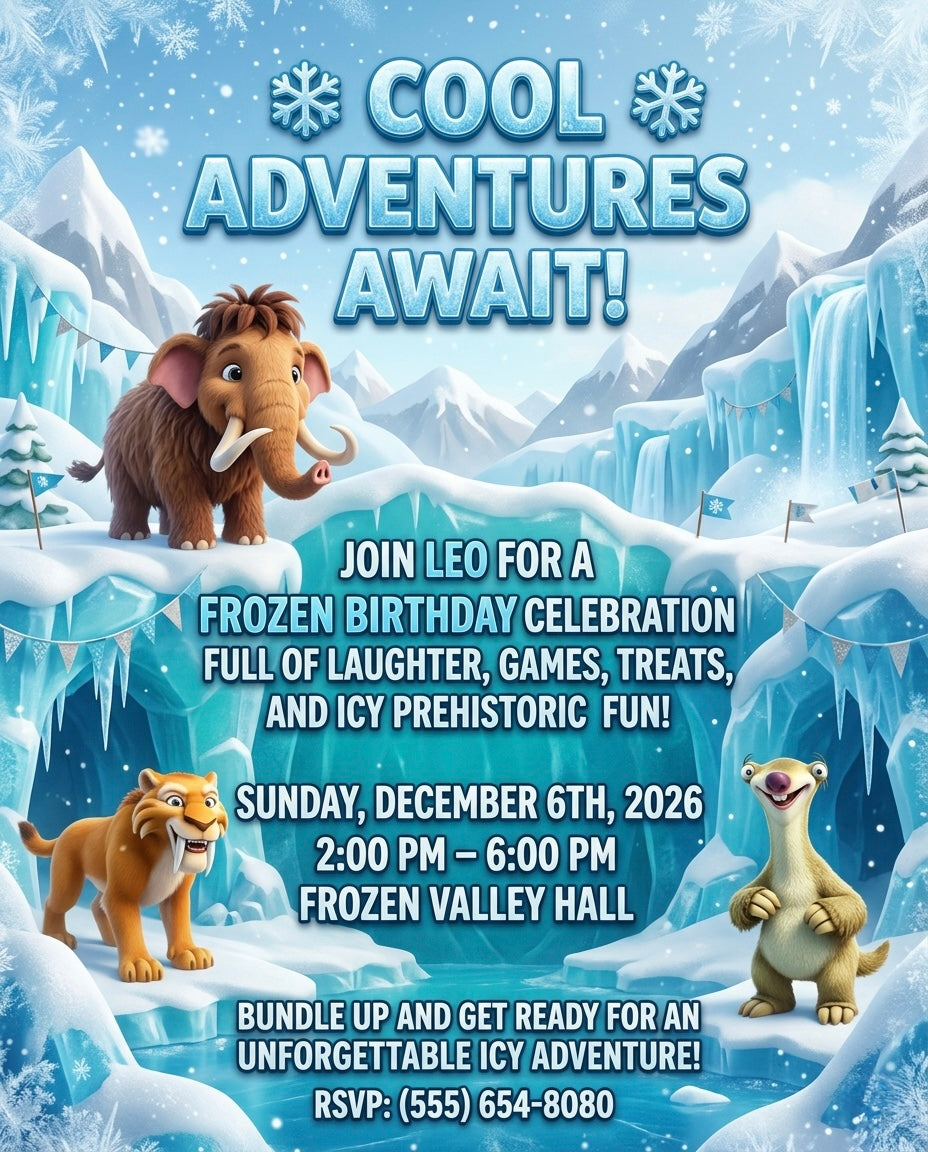 Ice Age 🧊Fun and professional birthday invitations for boys and girls of all ages.