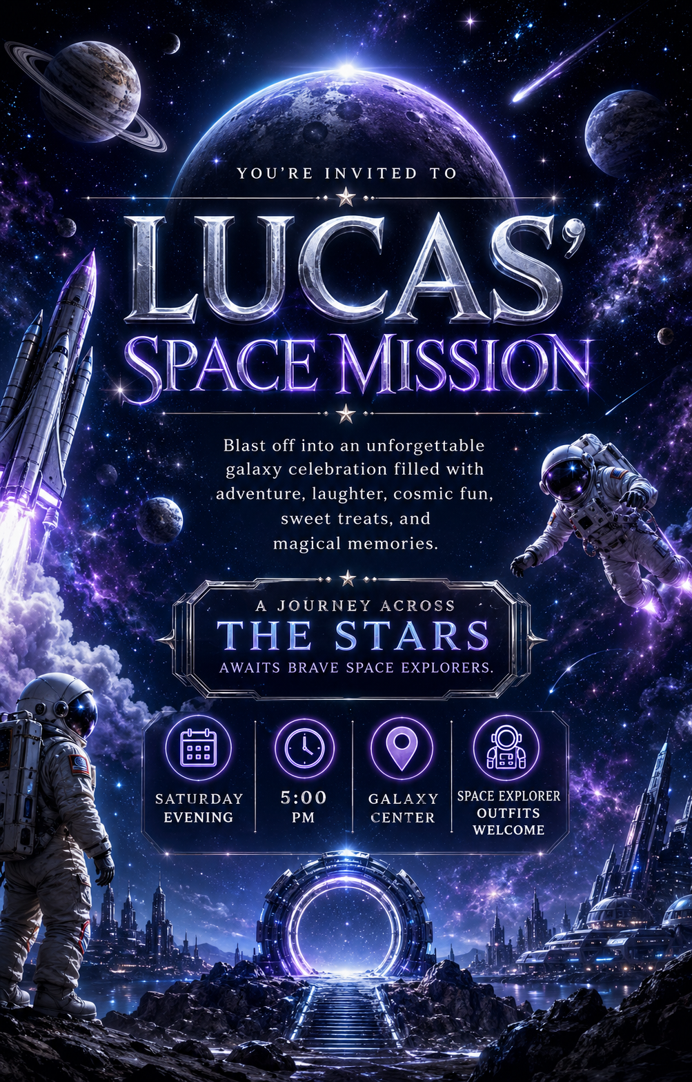 Astronaut π§βπ Celebrate in style with modern and realistic personalized birthday invitations.
