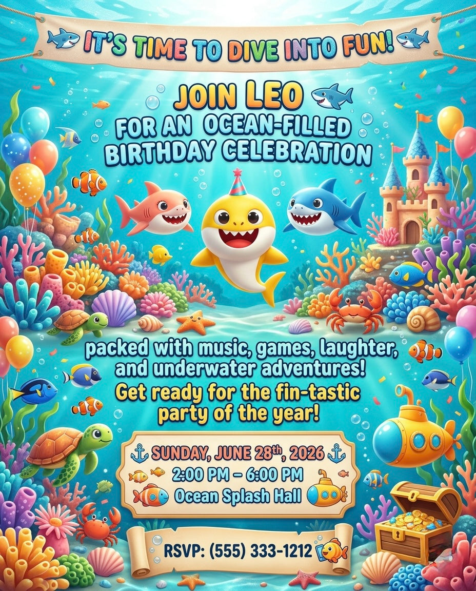 Baby Shark 🦈 Personalized birthday invitations with vibrant designs, fast delivery, and any theme available.
