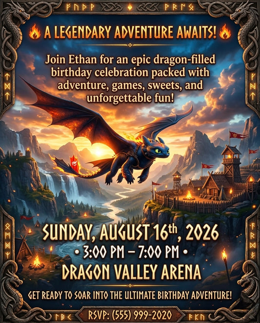 How to Train Your Dragon 🐉🖤Personalized digital invitations made to match your birthday theme perfectly.