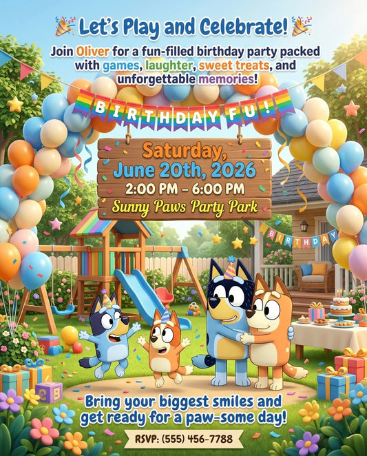 Bluey 🩵Create the perfect party with a custom birthday invitation designed for any celebration style.