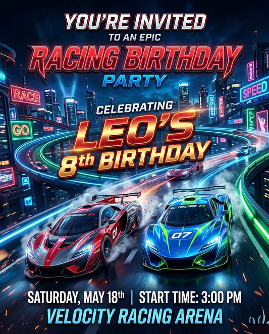 Professional digital birthday Car 🏎️invitations for unforgettable celebrations.