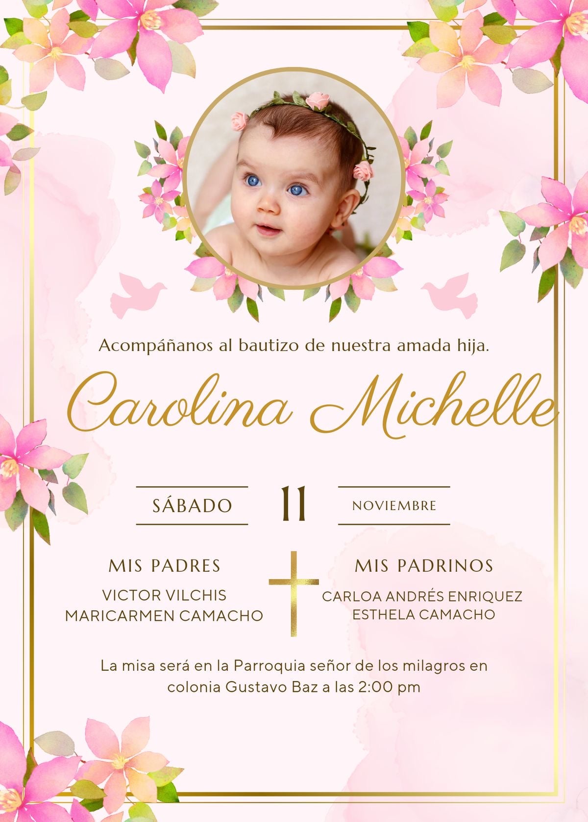 Luxury Pink Baptism Invitation ✨ Beautiful Personalized Christening Invite for Girls