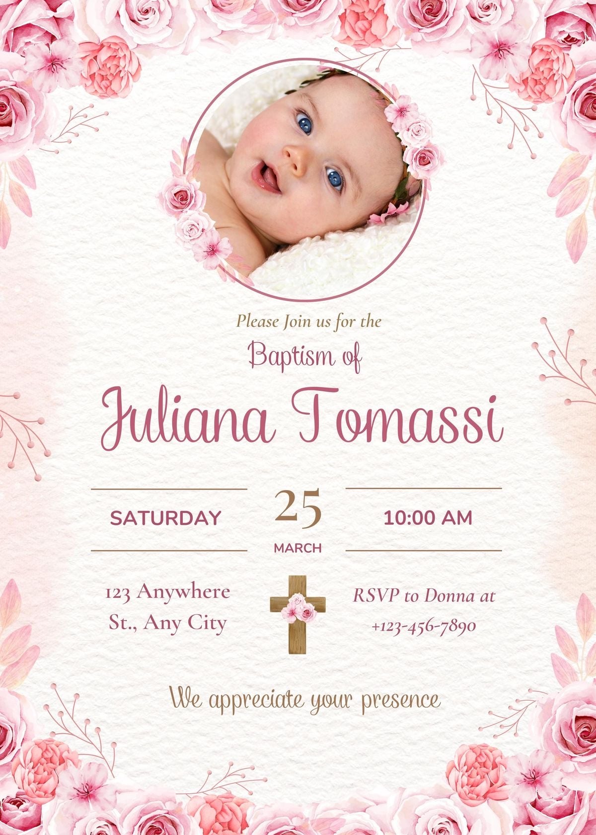 Elegant Pink Christening Invitation 🤍 Personalized Baby Girl Baptism Invitation Template