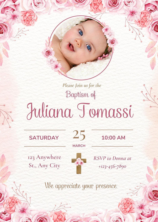 Elegant Pink Christening Invitation 🤍 Personalized Baby Girl Baptism Invitation Template