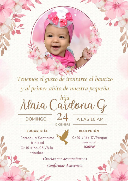 Soft Pink Floral Baptism Invite 🌷 Modern Elegant Invitation for Baby Girl Celebrations