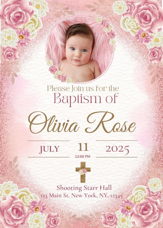 Pink Floral Baptism Invitation 🌸 Elegant Personalized Christening Invite for Baby Girls