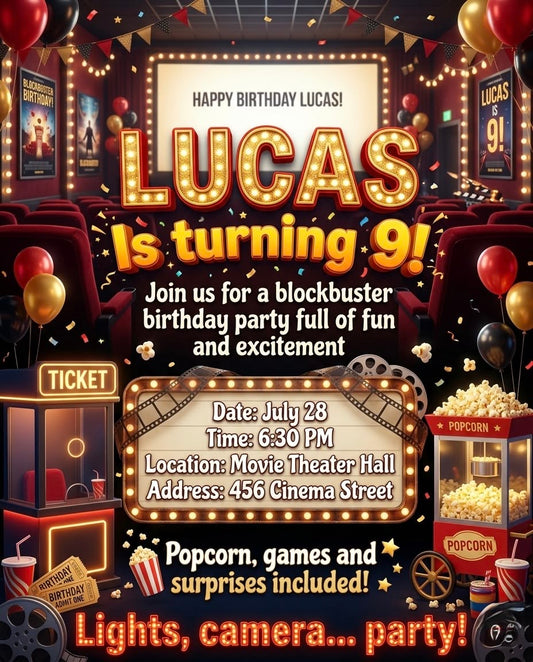 Cine 🎭Professional digital birthday invitations for unforgettable celebrations.