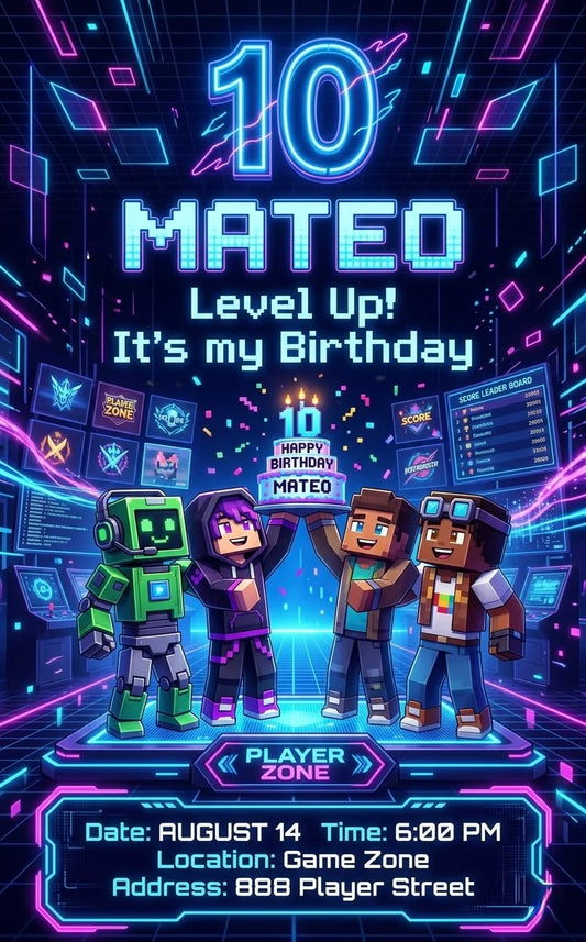 Custom birthday Minecraft invitations with beautiful designs and quick delivery.