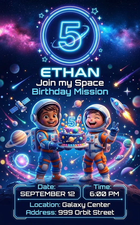 Astronaut 🧑‍🚀 Celebrate in style with modern personalized birthday invitations. ✨